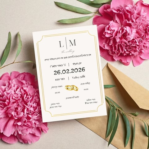 Hebrew wedding invitation with initials LM and gold rings surrounded by pink peonies and greenery on cream background