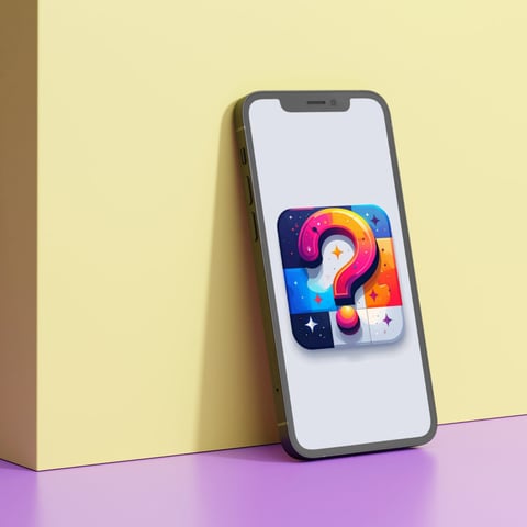 Smartphone displaying a colorful question mark icon app on a yellow and purple background