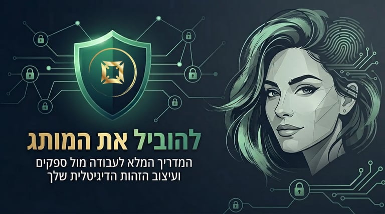 Digital security illustration with green shield icon, circuit design elements, and portrait of a woman with flowing hair on dark blue background with Hebrew text