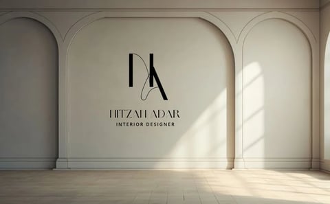 Modern minimalist interior space with Hitzaldarr Interior Designer logo displayed on a light beige wall with three arched alcoves